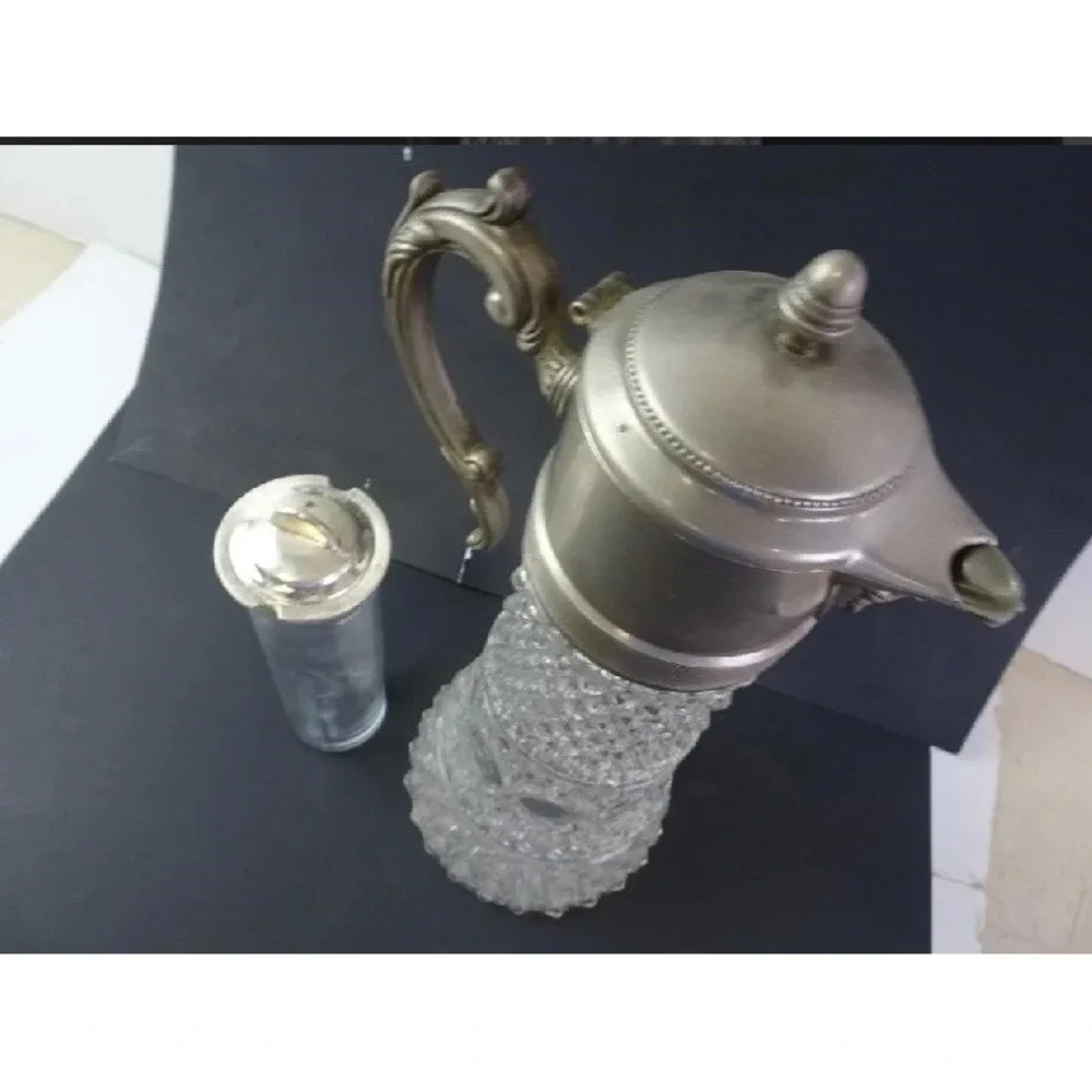 Vintage Crystal Claret Jug Ornate Silver Tone Lid Handle Diamond Cut Decanter